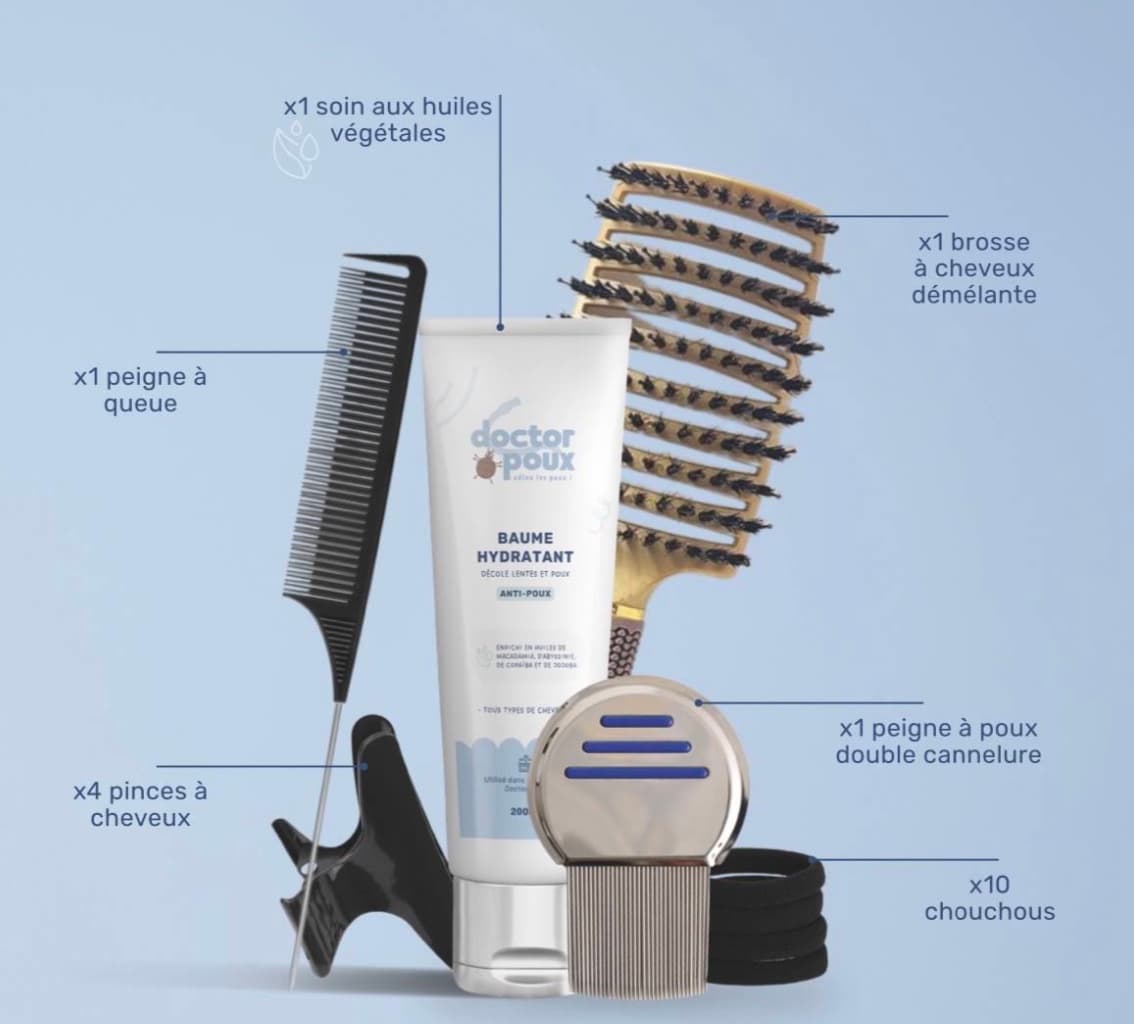 Le kit Doctor Poux : le baume aux huiles végétales, un peigne à poux à double cannelure, un peigne à queue, une brosse démêlante, quatre pinces et dix chouchous.